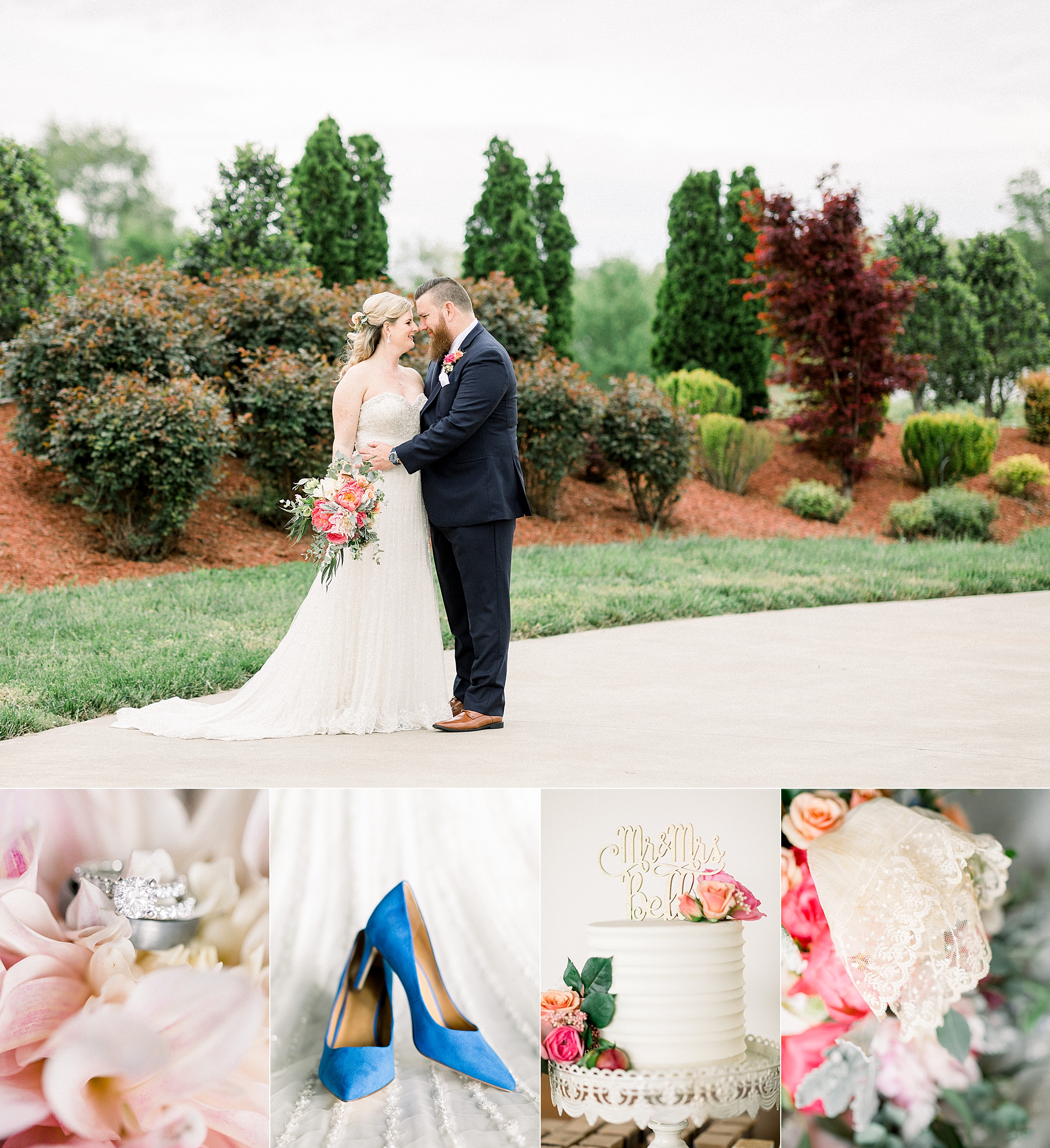Wedding photo collage from a fun and colorful wedding at Old Glory Distillery in Clarksville, TN with blue wedding heels and bright pink flowers
