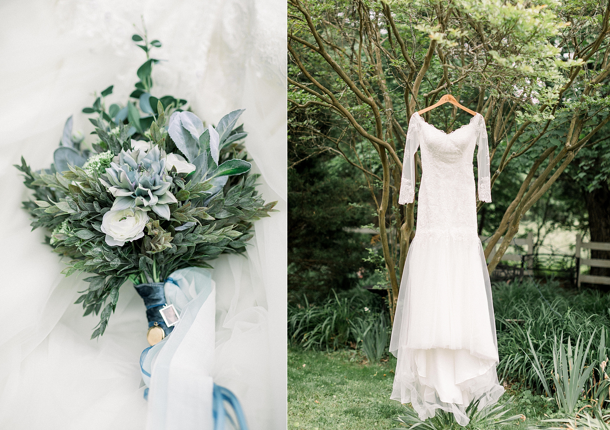 a bouquet of silk flowers with hints of blue next to a wedding dress on a hanger
