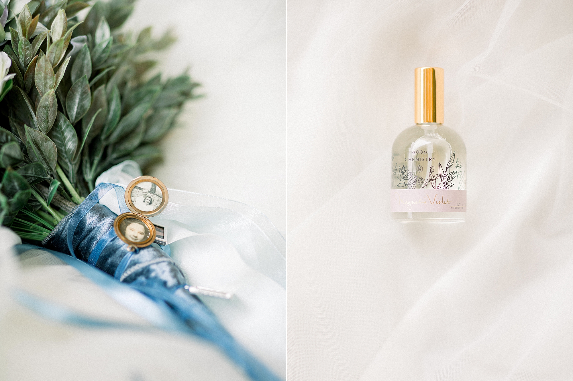 a photo of a silk flower bouquet with hints of blue and lockets of lost loved ones next to a photo of a perfume bottle for James and Kayla's wedding day photographed by j. photography 
